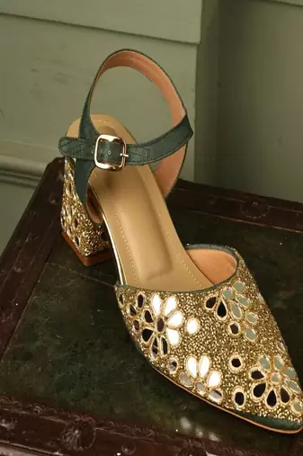 Green mirror embroidered block heels