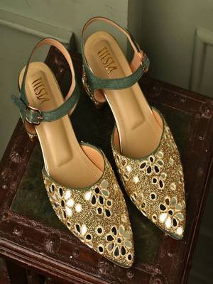 Green mirror embroidered block heels 3