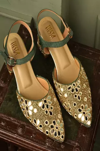 Green mirror embroidered block heels