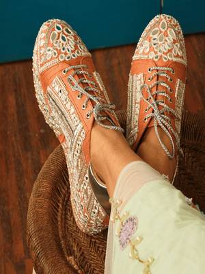 Orange mirror embroidered wedges shoes 1