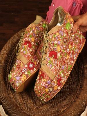 Peach floral embroidered wedges shoes 1