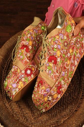 Peach floral embroidered wedges shoes