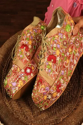 Peach floral embroidered wedges shoes