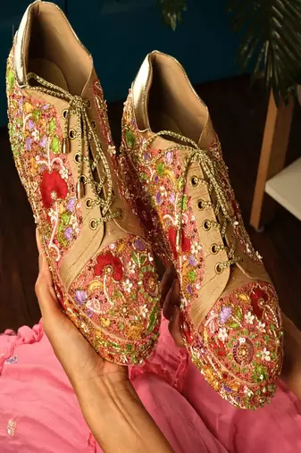 Peach floral embroidered wedges shoes