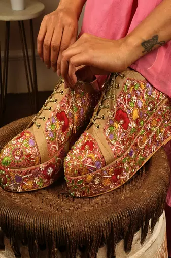 Peach floral embroidered wedges shoes