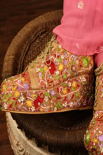 Peach floral embroidered wedges shoes