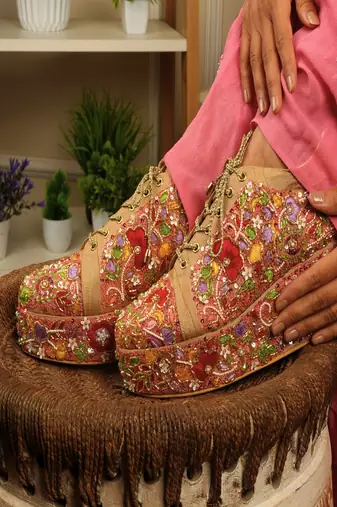 Peach floral embroidered wedges shoes