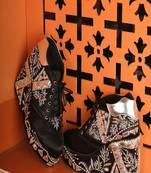 Black floral embroidered wedges shoes