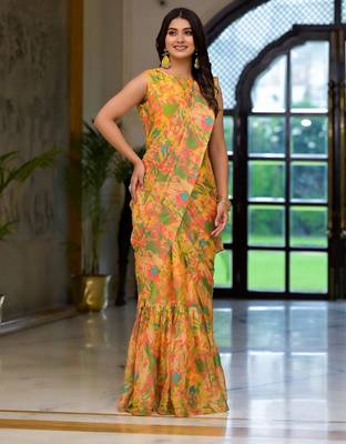 yellow designer printed imported georgette saree with blouse piece 1