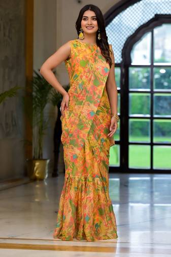 yellow designer printed imported georgette saree with blouse piece