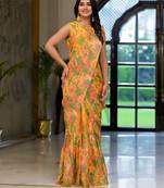 yellow designer printed imported georgette saree with blouse piece