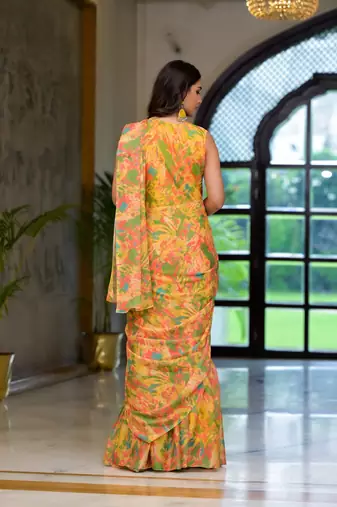 yellow designer printed imported georgette saree with blouse piece