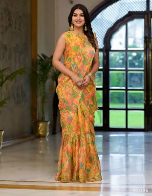 yellow designer printed imported georgette saree with blouse piece 4
