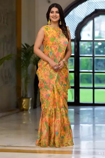 yellow designer printed imported georgette saree with blouse piece