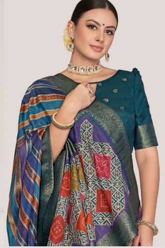 blue leheriya printed thread embroidery work rangkat tussar silk blend saree with blouse piece