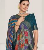 blue leheriya printed thread embroidery work rangkat tussar silk blend saree with blouse piece