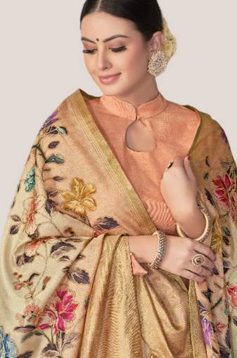 beige floral printed Sequins embroidery work rangkat tussar silk blend saree with blouse piece