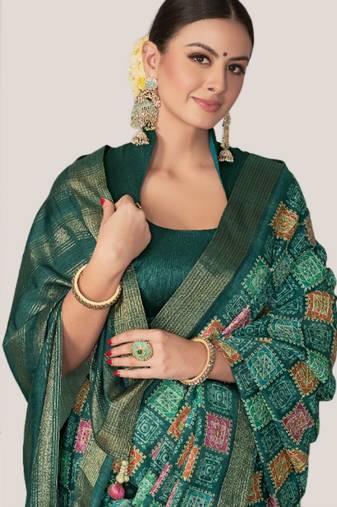 green geometric printed embroidery work rangkat tussar silk blend saree with blouse piece