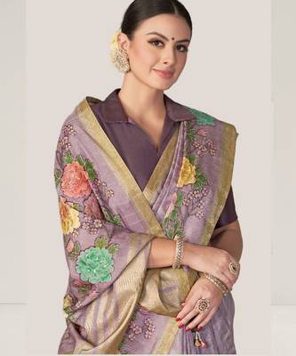 lavendar floral printed Sequins embroidery work rangkat tussar silk blend saree with blouse piece 1
