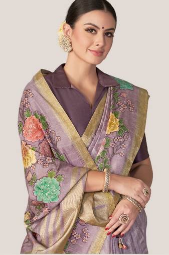 lavendar floral printed Sequins embroidery work rangkat tussar silk blend saree with blouse piece