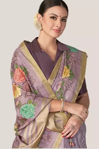 lavendar floral printed Sequins embroidery work rangkat tussar silk blend saree with blouse piece