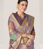 lavendar floral printed Sequins embroidery work rangkat tussar silk blend saree with blouse piece