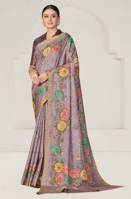 lavendar floral printed Sequins embroidery work rangkat tussar silk blend saree with blouse piece 2