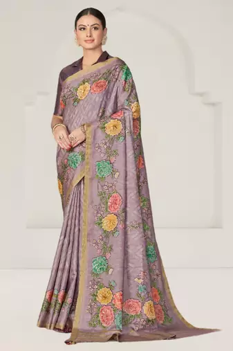 lavendar floral printed Sequins embroidery work rangkat tussar silk blend saree with blouse piece