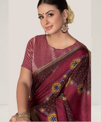 maroon bandhani printed thread embroidery work rangkat tussar silk blend saree with blouse piece 1