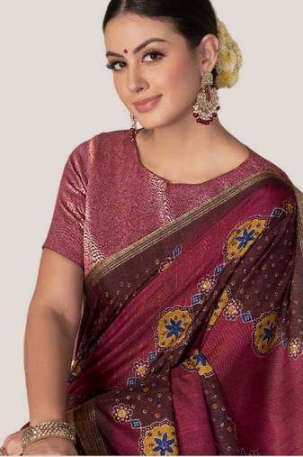 maroon bandhani printed thread embroidery work rangkat tussar silk blend saree with blouse piece
