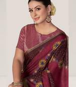 maroon bandhani printed thread embroidery work rangkat tussar silk blend saree with blouse piece
