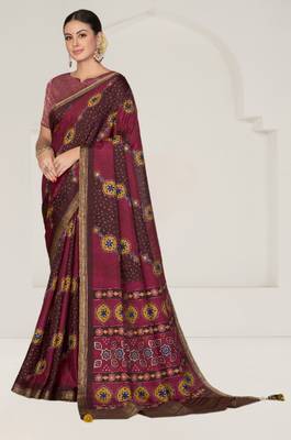 maroon bandhani printed thread embroidery work rangkat tussar silk blend saree with blouse piece 2