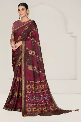 maroon bandhani printed thread embroidery work rangkat tussar silk blend saree with blouse piece