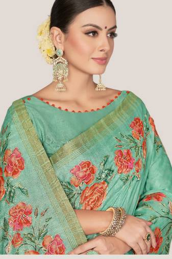 sea green floral printed Sequins embroidery work rangkat tussar silk blend saree with blouse piece