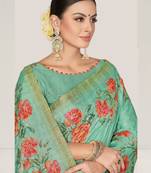 sea green floral printed Sequins embroidery work rangkat tussar silk blend saree with blouse piece