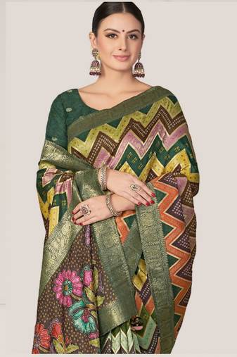 green chevron printed woven designer rangkat tussar silk blend saree with blouse piece