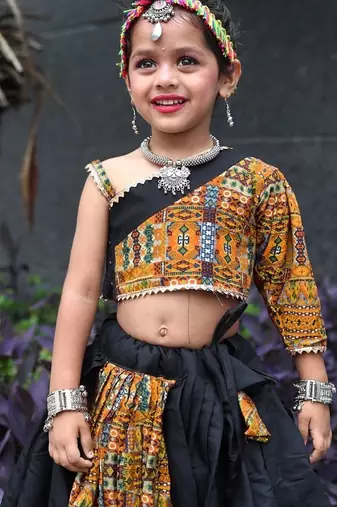    roman silk blend navratri lehenga choli for kids | color splash edition 2025   