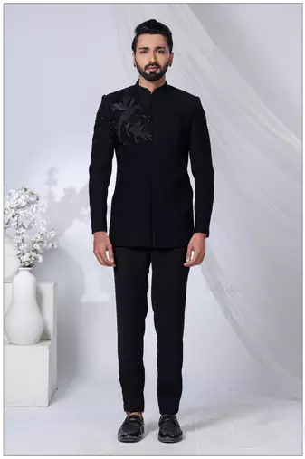Black rayon hand woven bandhgala for mens
