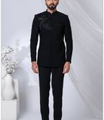 Black rayon hand woven bandhgala for mens