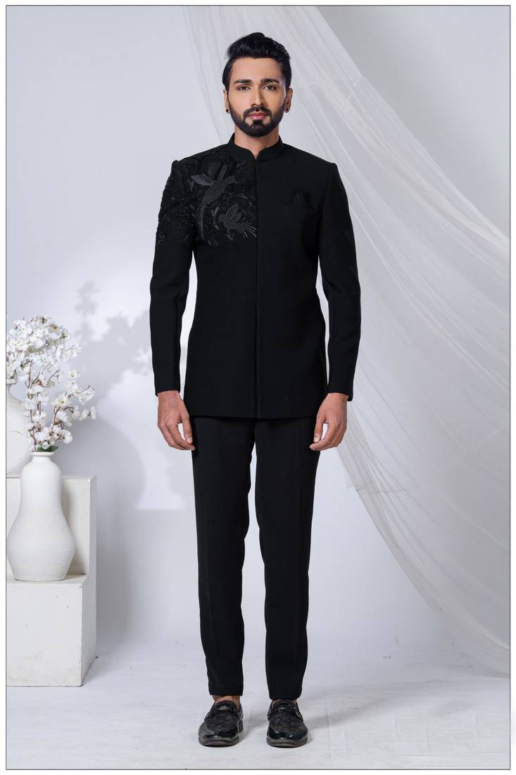 Black rayon hand woven bandhgala for mens
