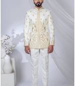White silk hand woven bandhgala for mens