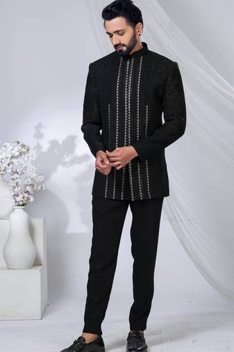 Black rayon hand woven bandhgala for mens