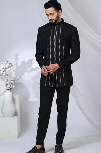 Black rayon hand woven bandhgala for mens