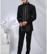 Black rayon hand woven bandhgala for mens