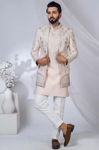 Pink rayon embroidered indo western for mens
