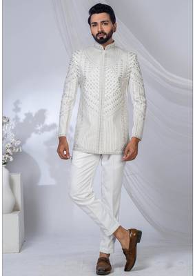 White rayon embroidered bandhgala for mens 1