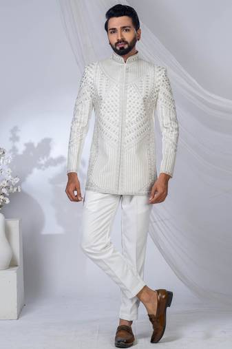 White rayon embroidered bandhgala for mens