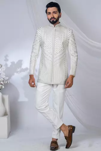 White rayon embroidered bandhgala for mens