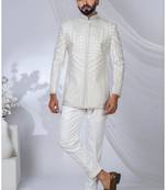 White rayon embroidered bandhgala for mens