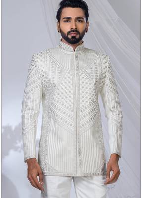 White rayon embroidered bandhgala for mens 2